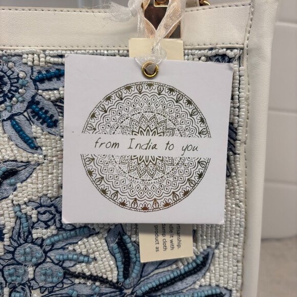 Viral Beaded Satchel bag w/ Bamboo Handles - Made in India - Blue and White - Picture 8 of 12